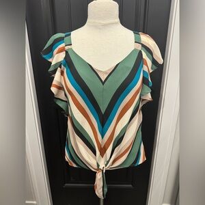 Monteau Multicolor Chevron Blouse Flutter Sleeve Tie Front Size Large
